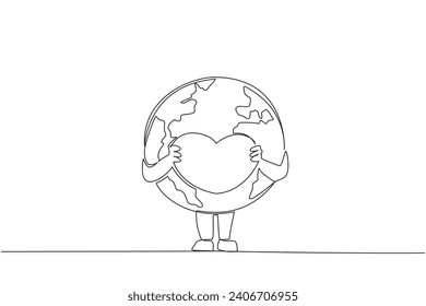 Single continuous line drawing globe holds the heart logo with both hands. Loving the earth is like loving yourself. Always take care of the earth. Saving planet. One line design vector illustration