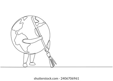 Single continuous line drawing globe sweeps up the scattered rubbish with a broomstick. Keeping the surrounding environment clean is a shared responsibility. Save. One line design vector illustration