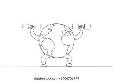 Single continuous line drawing globe lifts two dumbbells with both hands. Practice discipline for good of the earth. Be strong to protect the earth. Save planet. One line design vector illustration