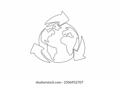 Single continuous line drawing globe surrounded by recycling symbols. Recycled raw materials make the earth long-lived. Green earth longer. Global Recycling Day. One line design vector illustration