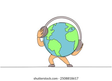 Single continuous line drawing the globe wearing headphones. The concept of protecting the earth with joy. For a better earth. Maintaining the ecosystem. Protect. One line design vector illustration