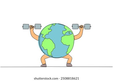 Single continuous line drawing globe lifts two dumbbells with both hands. Practice discipline for good of the earth. Be strong to protect the earth. Save planet. One line design vector illustration