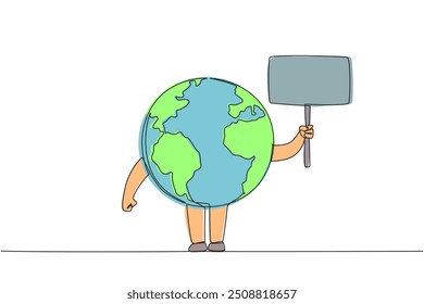 Single continuous line drawing globe holds a small board. Invitation from the earth. Protect the beauty of the earth. Maintain natural beauty. Eliminate pollution. One line design vector illustration