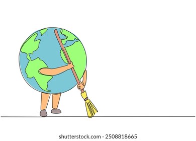 Single continuous line drawing globe sweeps up the scattered rubbish with a broomstick. Keeping the surrounding environment clean is a shared responsibility. Save. One line design vector illustration
