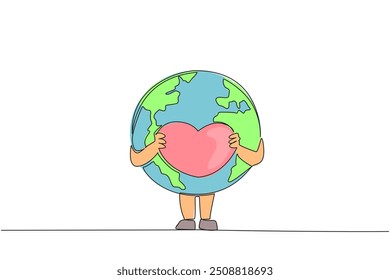 Single continuous line drawing globe holds the heart logo with both hands. Loving the earth is like loving yourself. Always take care of the earth. Saving planet. One line design vector illustration