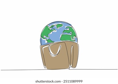Single continuous line drawing globe in shopping bag. Hobby shopping but still paying attention to the environment by not using plastic. World Consumer Rights Day. One line design vector illustration