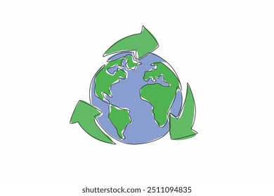 Single continuous line drawing globe surrounded by recycling symbols. Recycled raw materials make the earth long-lived. Green earth longer. Global Recycling Day. One line design vector illustration