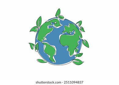 Single continuous line drawing globe surrounded by leaves. Recycling will not hurt the earth. Use biodegradable items. Love earth for future. Global Recycling Day. One line design vector illustration