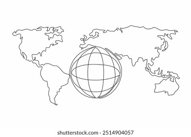 Globo de desenho de linha contínua única com fundo de mapa mundial. Viagens entre países e até mesmo entre continentes. Use os regulamentos aplicáveis. Dia Internacional da Alfândega. Ilustração de vetor de design de uma linha