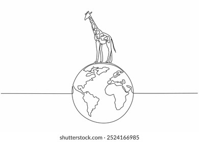 Single continuous line drawing globe with giraffe on top. Preserve forests and savannas. Stop illegal logging. Natural habitat. Biodiversity. World Wildlife Day. One line design vector illustration