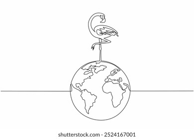 Single continuous line drawing globe with flamingo on top. Avoid lake pollution by disposing of waste in its proper place. Keep habitat clean. World Wildlife Day. One line design vector illustration