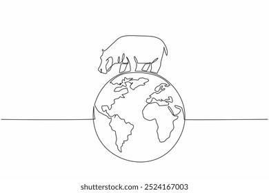 Single continuous line drawing globe with a hippopotamus on top. The interconnectedness of animals and earth. Maintain the balance of nature. World Wildlife Day. One line design vector illustration