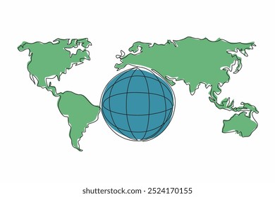 Single continuous line drawing globe with world map background. Travel between countries and even continents. Use applicable regulations. International Customs Day. One line design vector illustration