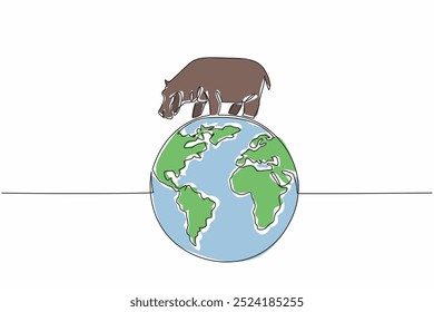 Single continuous line drawing globe with a hippopotamus on top. The interconnectedness of animals and earth. Maintain the balance of nature. World Wildlife Day. One line design vector illustration