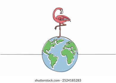 Einzeilige Ziehkugel mit Flamingo oben. Vermeiden Sie die Verschmutzung des Sees, indem Sie die Abfälle an ihrem richtigen Ort entsorgen. Habitat sauber halten. Weltnaturschutztag. Vektorgrafik mit einzeiligem Design