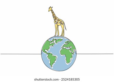 Single continuous line drawing globe with giraffe on top. Preserve forests and savannas. Stop illegal logging. Natural habitat. Biodiversity. World Wildlife Day. One line design vector illustration