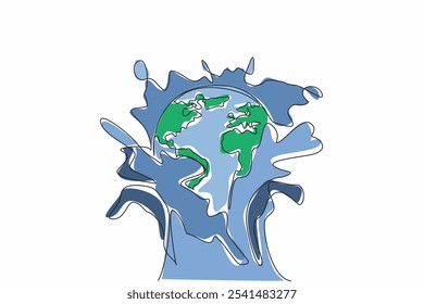 Single continuous line drawing globe hit by water splash from below. A metaphor. Should care more about protecting the environment. For future. World Water Day. One line design vector illustration