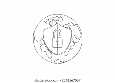 Single continuous line drawing globe with shield and open padlock in middle. Two safe stages to explore in cyberspace. Dual layer protection. World Password Day. One line design vector illustration