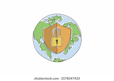 Single continuous line drawing globe with shield and open padlock in middle. Two safe stages to explore in cyberspace. Dual layer protection. World Password Day. One line design vector illustration