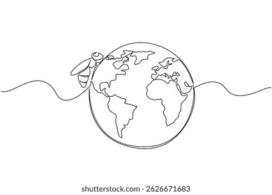 Single continuous line drawing globe being infested with bees. Flowering plants detected. Natural place providing safe nests. Produce the best honey. World Bee Day. One line design vector illustration