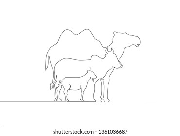 Single continuous line drawing of goat, sheep, buffalo, cow and camel. Muslim holiday the sacrifice an animal, Eid al Adha greeting card concept one line draw design illustration