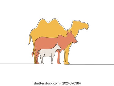 Einmalige, durchgehende Zeichnung von Ziegen, Schafen, Büffeln, Kuh und Kamel. Muslimischer Urlaub das Opfer ein Tier, Eid al Adha Grußkartenkonzept eine Linie ziehen Design-Illustration