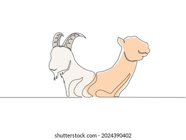 Single continuous line drawing of goat and camel head. Muslim holiday the sacrifice an animal such as goat, camel, sheep and cow, Eid al Adha greeting card concept one line draw design illustration