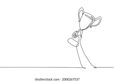 Single continuous line drawing 
gold trophy held by one hand  Symbol winning championships  matches   sports competitions  Best achievement ever  One line draw graphic design vector illustration