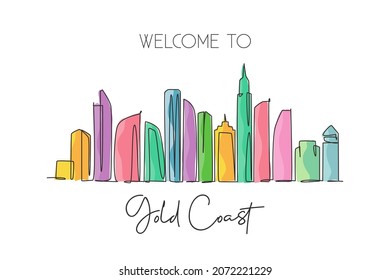 Single continuous line drawing of Gold Coast city skyline, Australia. Famous city landscape. World travel concept wall home decor art poster print. Modern one line draw design vector illustration