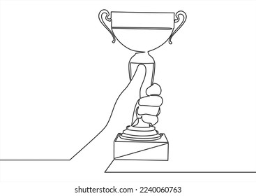 Single continuous line drawing gold trophy held by one hand. Symbol of winning championships, matches and sports competitions.