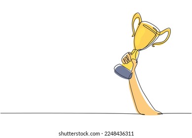 Single continuous line drawing gold trophy held by one hand. Symbol of winning championships, matches and sports competitions. Best achievement ever. One line draw graphic design vector illustration