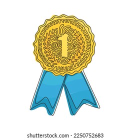 Single continuous line drawing gold medal, winner award. Circle awards with ribbons and numbers one icon. Achievement symbol. Swirl curl style. Dynamic one line draw graphic design vector illustration