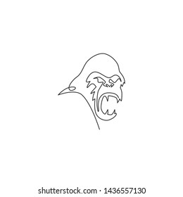 Single continuous line drawing of gorilla head for national zoo logo identity. Ape primate animal portrait mascot concept for e-sport team club icon. One line draw graphic design vector illustration