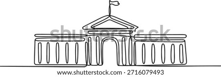 Single continuous line drawing of government building architecture minimal design. Educational institution courthouse or museum exterior facade illustration. Abstract representation of authority law and state structures. Financial building concept or historical landmark sketch. University college or government office one-line artwork.