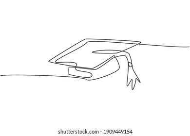 Single continuous line drawing of gown graduation uniform set. Graduation hat for bachelor. Back to school minimalist style. Education concept. Modern one line draw graphic design vector illustration