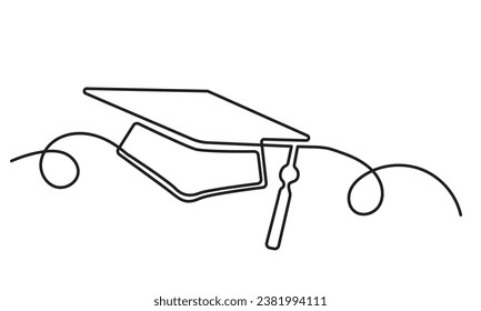 Single continuous line drawing of the graduation cap. graduation cap icon. concept of ongoing line graduation cap hat, education, graduation, success, black and white Vector illustration.
