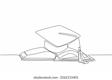 Single continuous line drawing graduation cap on top of open thick book. Encouragement to achieve academic degrees. Seriousness learning. National Dissertation Day. One line design vector illustration