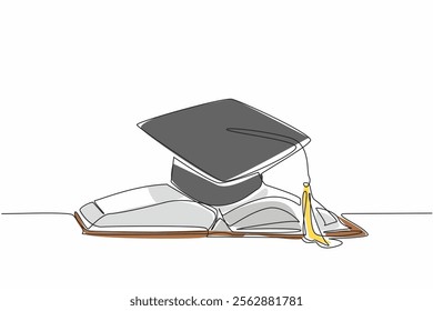 Single continuous line drawing graduation cap on top of open thick book. Encouragement to achieve academic degrees. Seriousness learning. National Dissertation Day. One line design vector illustration