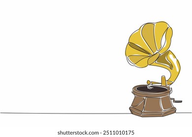 Single continuous line drawing gramophone. Classical music player using black discs. Technology from the past is now an antique. Retro. Vintage. Recording. Sound. One line design vector illustration