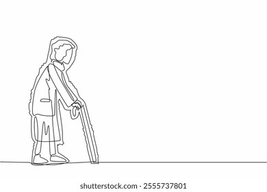 Single continuous line drawing grandma walks with a cane and trembles. It is hard to walk. Suffering from illness. Damage or death of nerve cells in the brain. One line design vector illustration