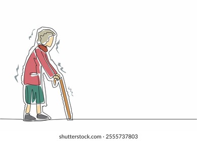 Single continuous line drawing grandma walks with a cane and trembles. It is hard to walk. Suffering from illness. Damage or death of nerve cells in the brain. One line design vector illustration