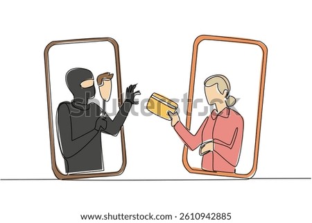 Single continuous line drawing grandma out of her smartphone and hands her credit card to a masked thief. Duplication. Fake. National Senior Fraud Awareness Day. One line design vector illustration
