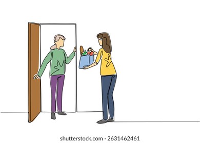 Línea continua de dibujo de la abuela sostiene el pomo de la puerta y la mujer que lleva una bolsa de comestibles. Cuidar a los demás. National Do Something Good for Your Neighbor Day. Ilustración vectorial de diseño de una línea