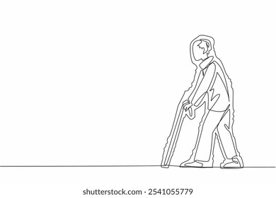 Single continuous line drawing Grandpa walks using cane. Shaking when walking. Difficulty balancing body condition. Not in good health. Aging of the nervous system. One line design vector illustration