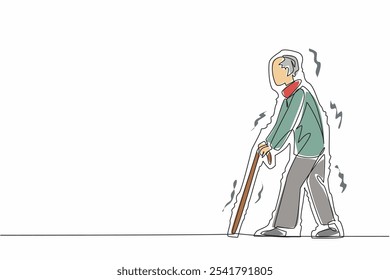 Single continuous line drawing Grandpa walks using cane. Shaking when walking. Difficulty balancing body condition. Not in good health. Aging of the nervous system. One line design vector illustration