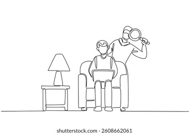 Single continuous line drawing grandpa sit on the sofa hold laptop with a thief using a magnifier behind. Not safe. Secureles. National Senior Fraud Awareness Day. One line design vector illustration
