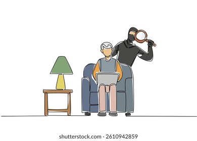 Single continuous line drawing grandpa sit on the sofa hold laptop with a thief using a magnifier behind. Not safe. Secureles. National Senior Fraud Awareness Day. One line design vector illustration