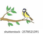 Single continuous line drawing great tit bird perched on a tree branch with leaves. The lively and colorful chirper. The songbird. International Dawn Chorus Day. One line design vector illustration