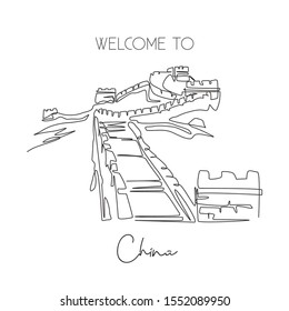 Single continuous line drawing Great Wall of Badaling landmark. Beauty famous place in Beijing, China. World wall decor home art poster print travel concept. One line draw design vector illustration