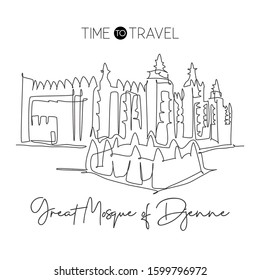 Single continuous line drawing Great Mosque of Djenne landmark. Beautiful place in Mali, Africa. World tour travel home wall decor poster art concept. Dynamic one line draw design vector illustration